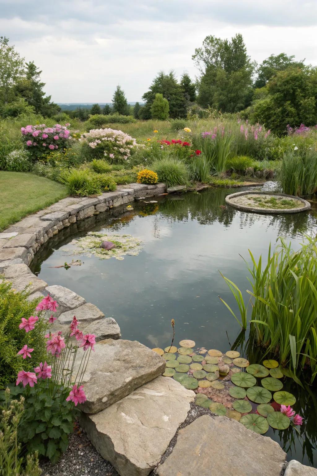 Natural stones give this pond a rustic charm.
