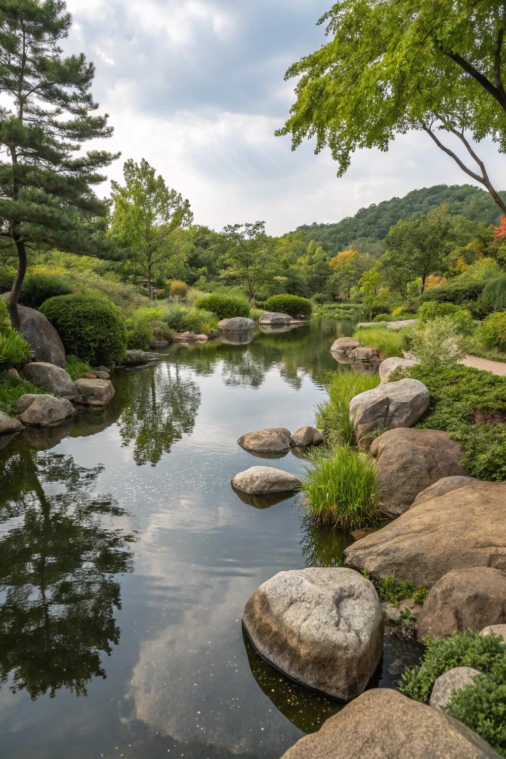 Natural stone edges provide timeless elegance to any pond.