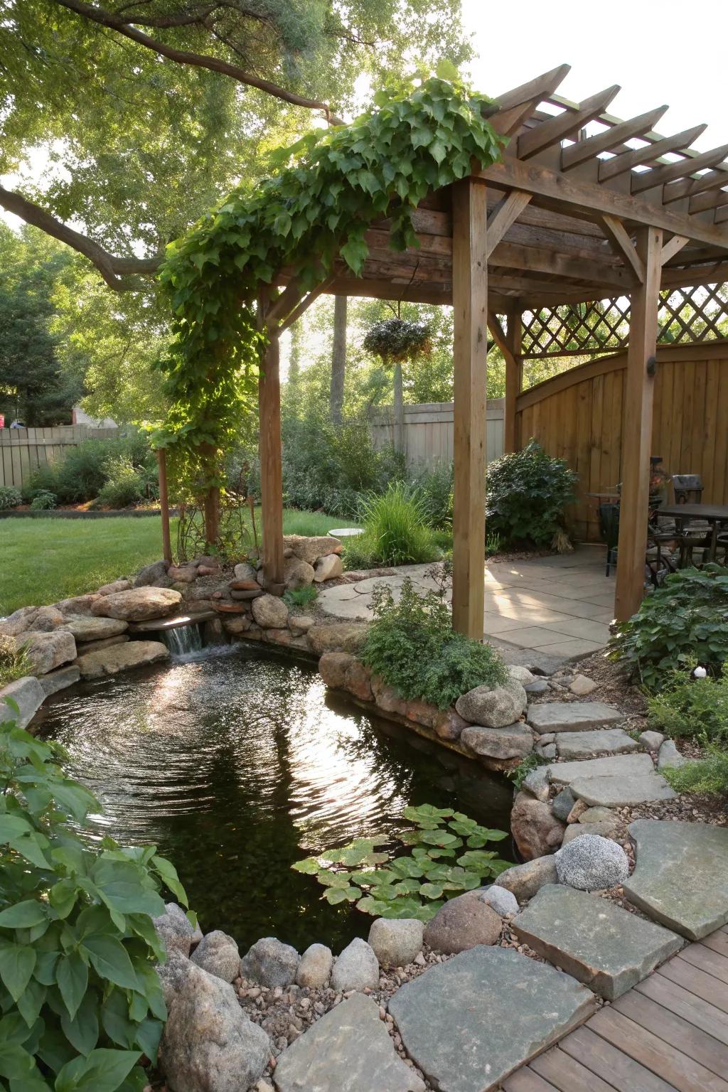 A wooden pergola providing elegant shade over a pond.