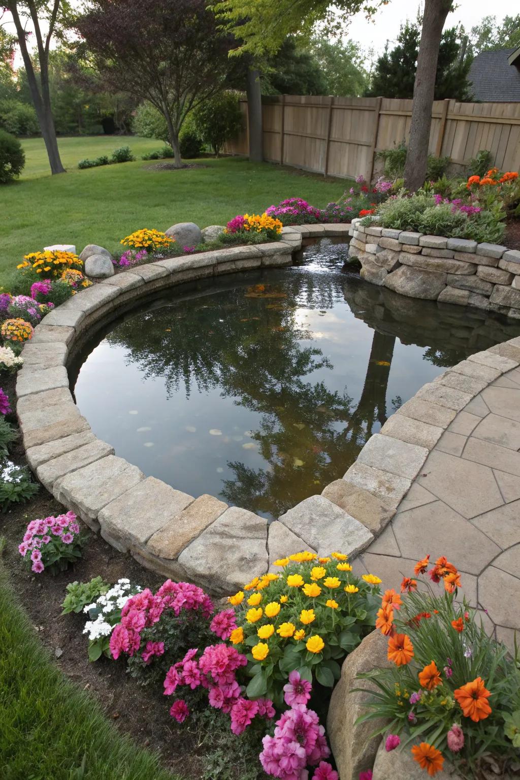 An oval pond brings a touch of elegance to your garden with its seamless shape.