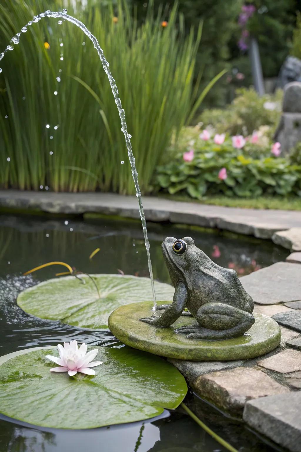 A whimsical frog prince spitter adds character to any pond.