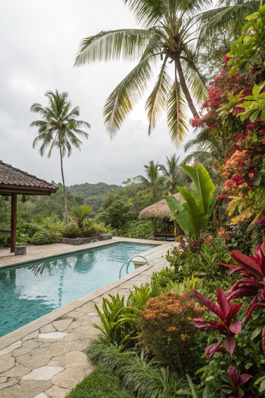 A pool area transformed into a lush and refreshing sanctuary.