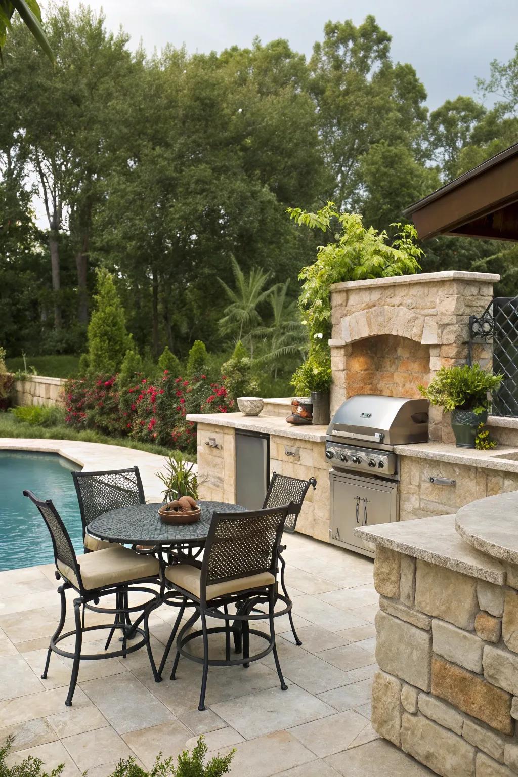 Outdoor kitchenettes bring the party outside with style and convenience.