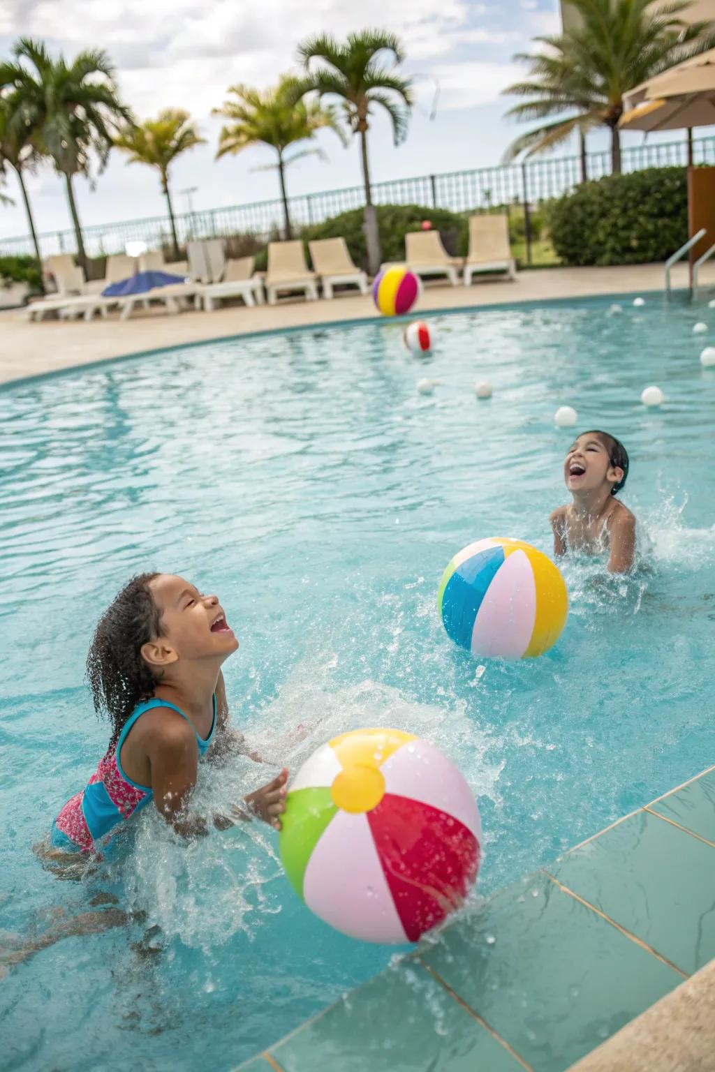 A lively pool scene with colorful beach balls and children having fun.