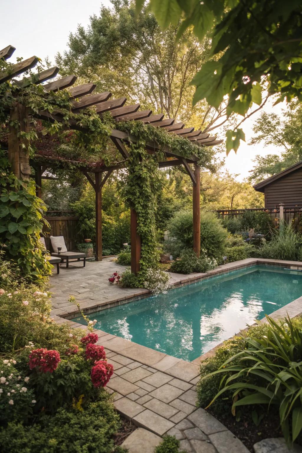 A wooden pergola offers both style and shade by the pool.