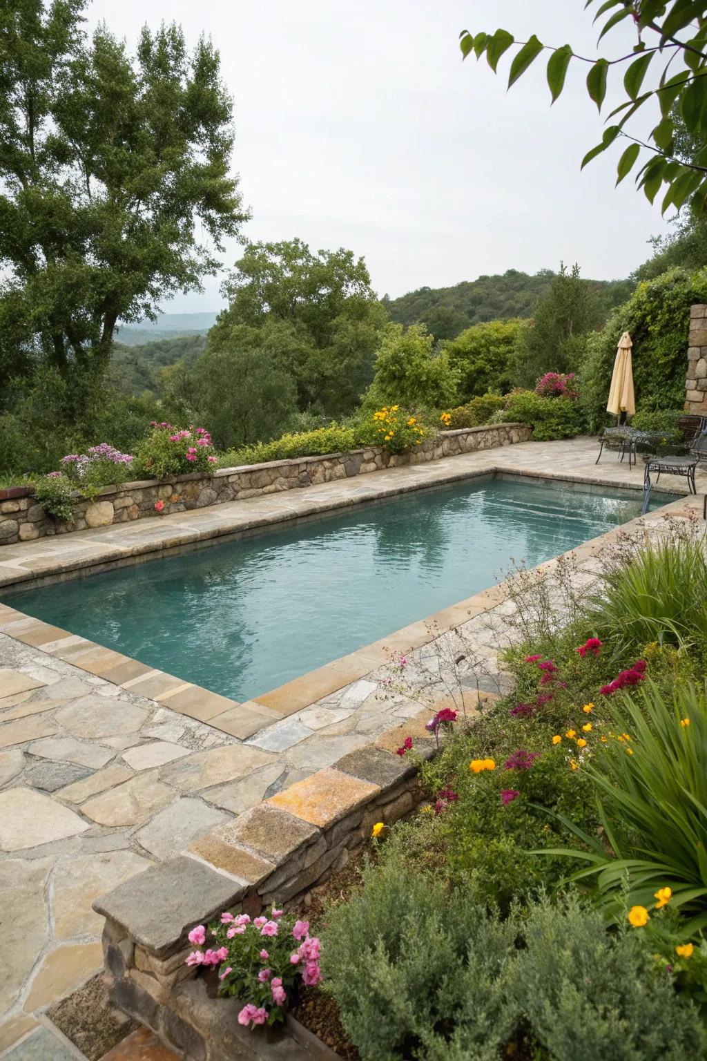 Natural stone coping adds a rustic touch to your poolside paradise.