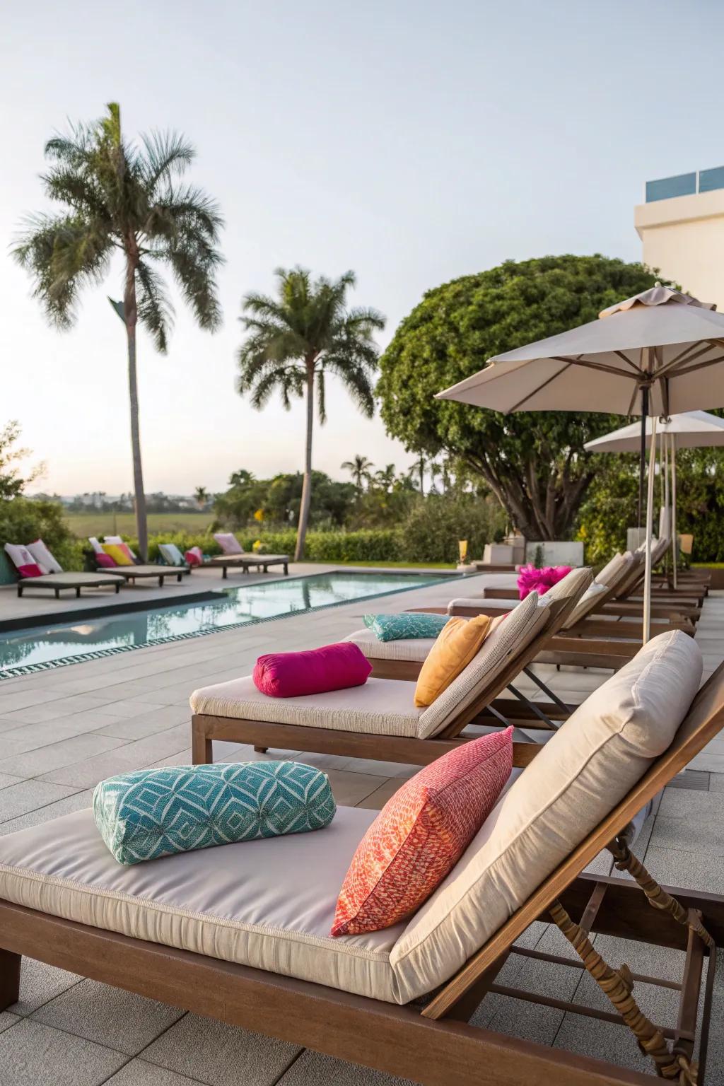 Cozy lounge chairs with colorful cushions on a pool deck.