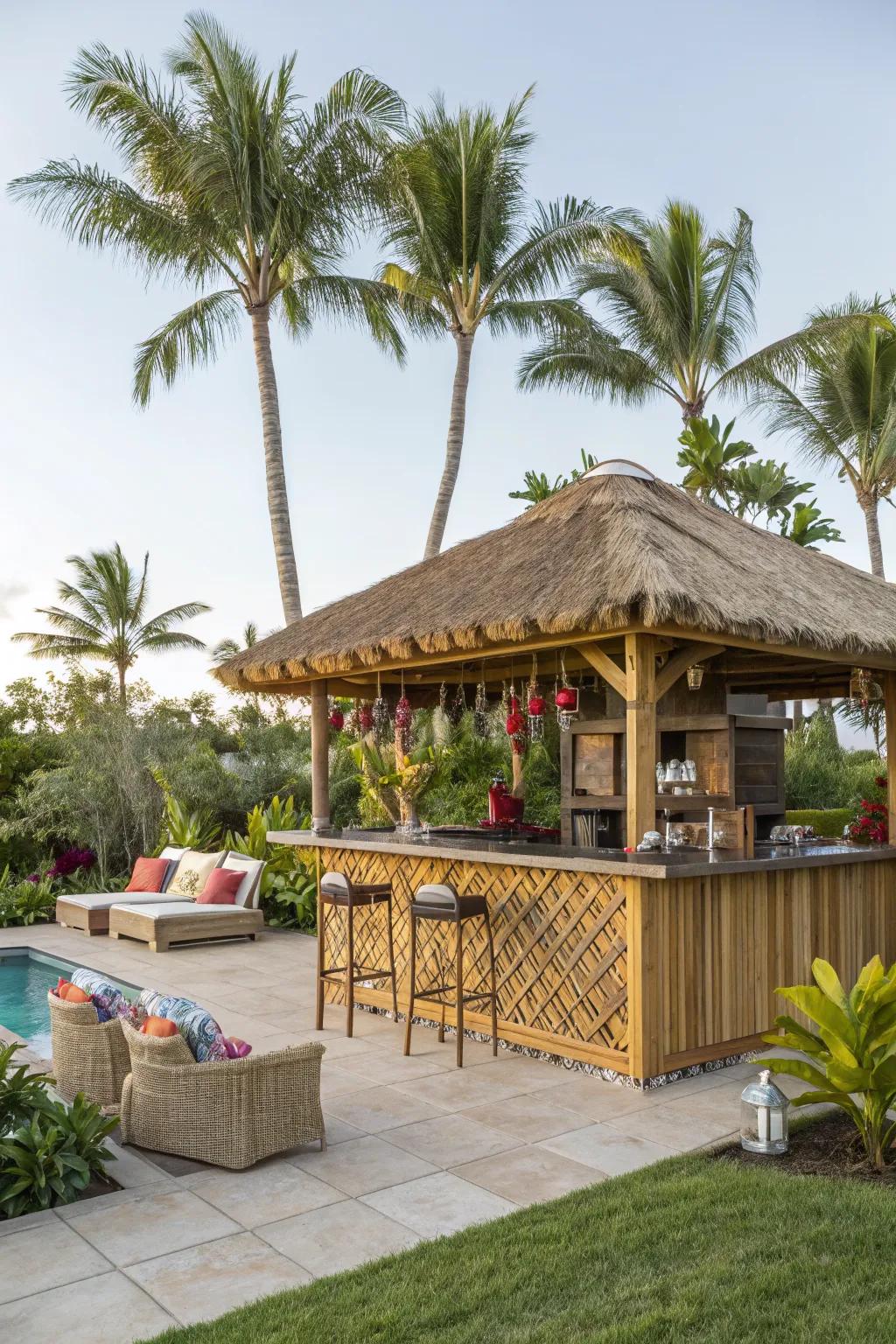 Tropical vibes with a tiki-inspired pool deck bar.
