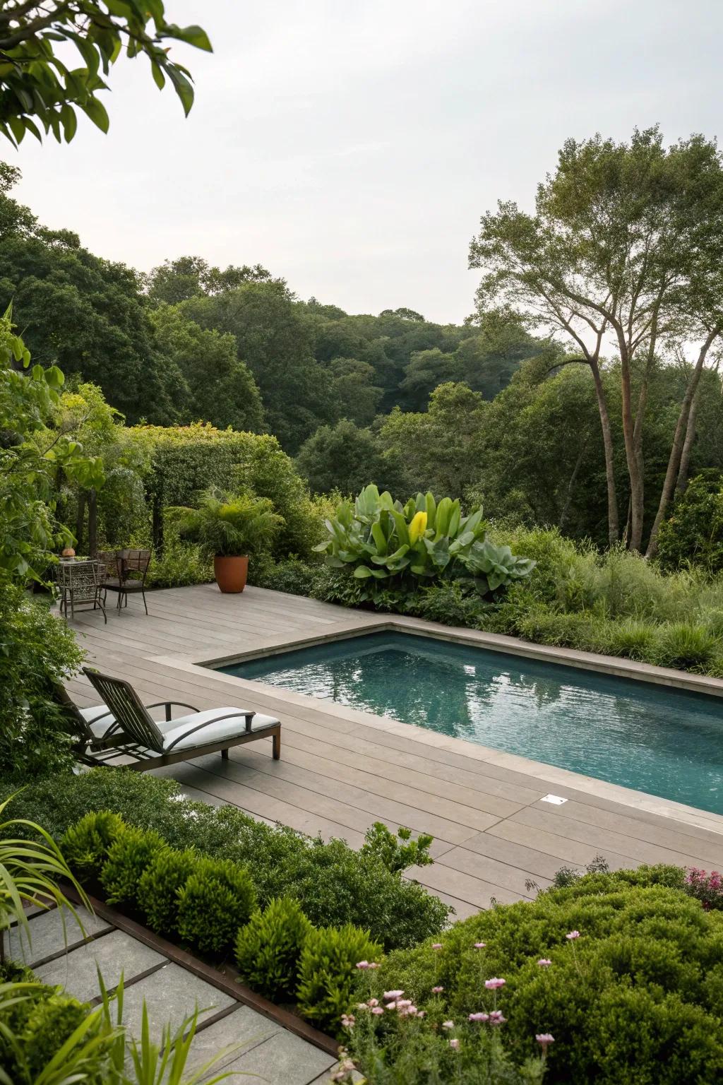 A pool deck transformed into a natural oasis with abundant greenery.
