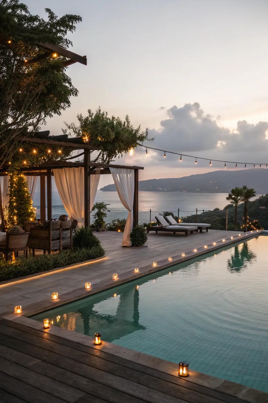 Tranquil pool deck with soft ambient lighting.