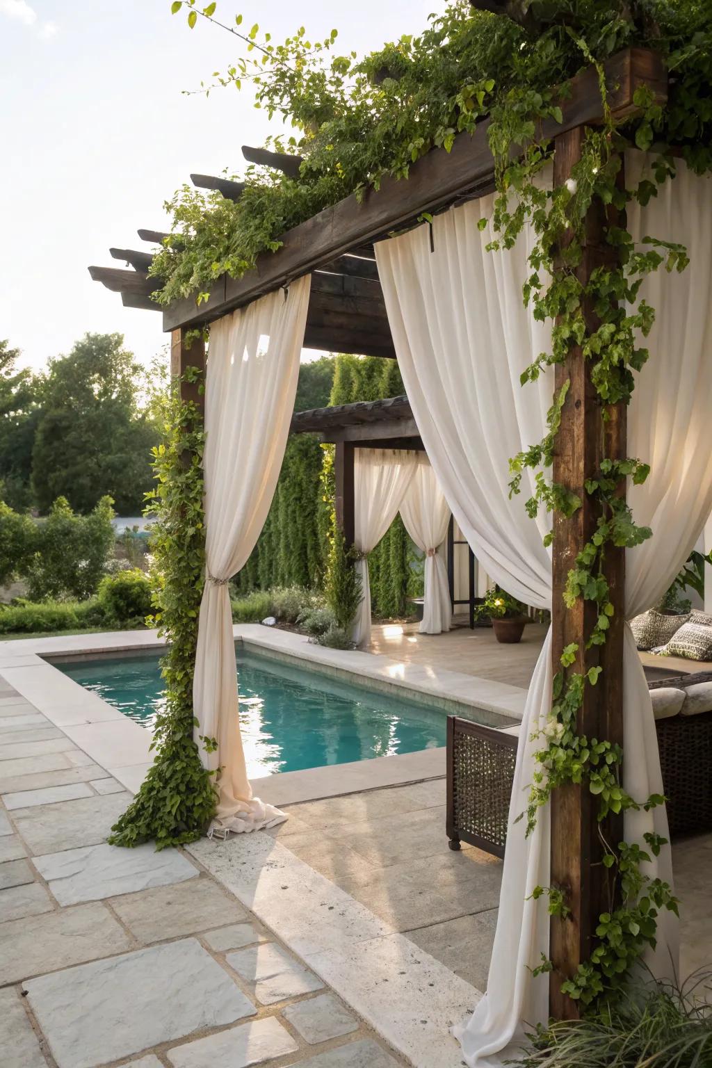 A pergola creates a perfect, shady retreat by the pool.