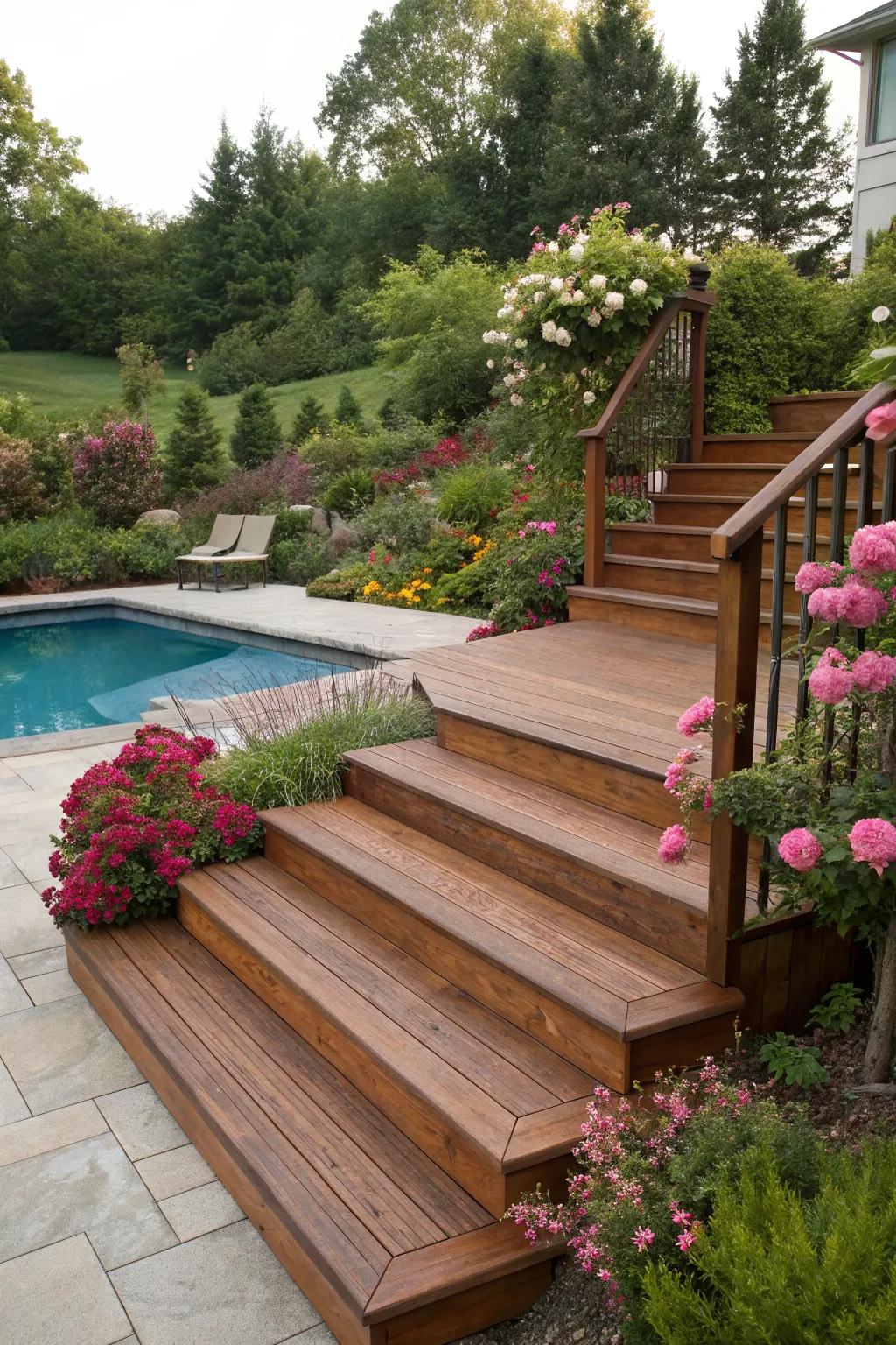Classic wooden stairs add warmth to your pool deck.