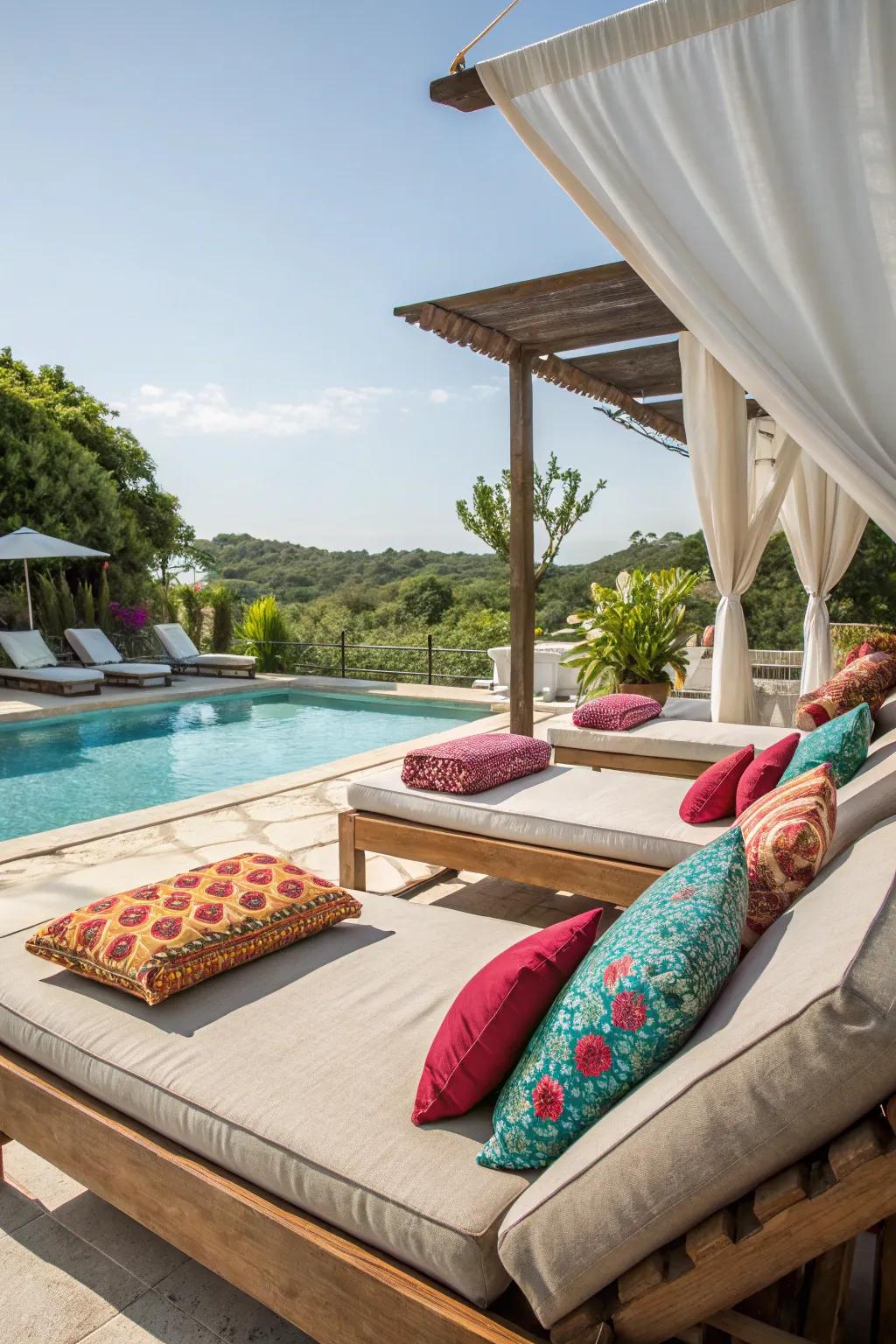 Set up a cozy lounge area with cushioned seating for ultimate relaxation.