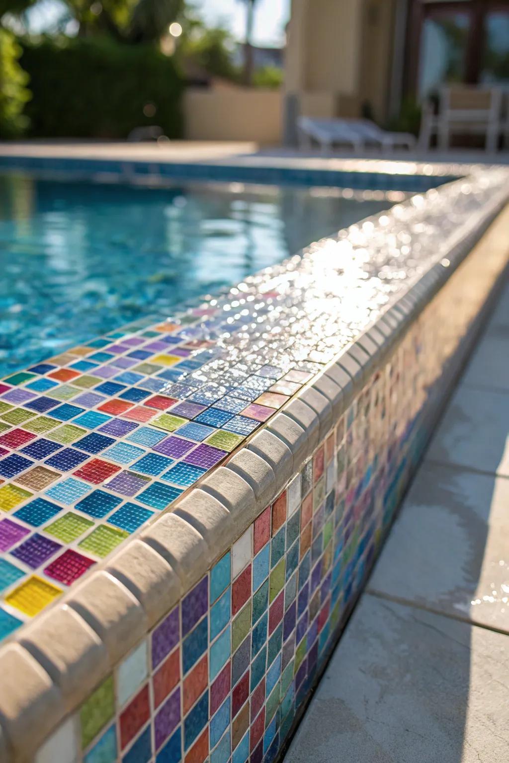Mosaic tiles create vibrant and dynamic pool edge designs.