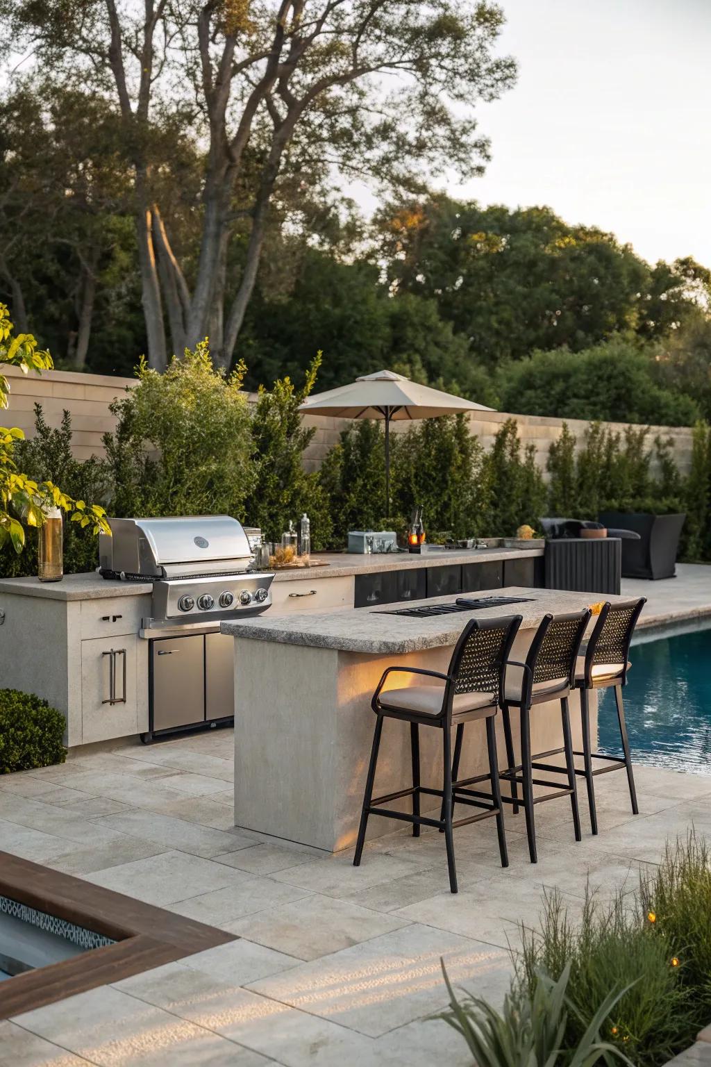 An outdoor kitchen setup next to a pool, complete with a grill and bar seating.