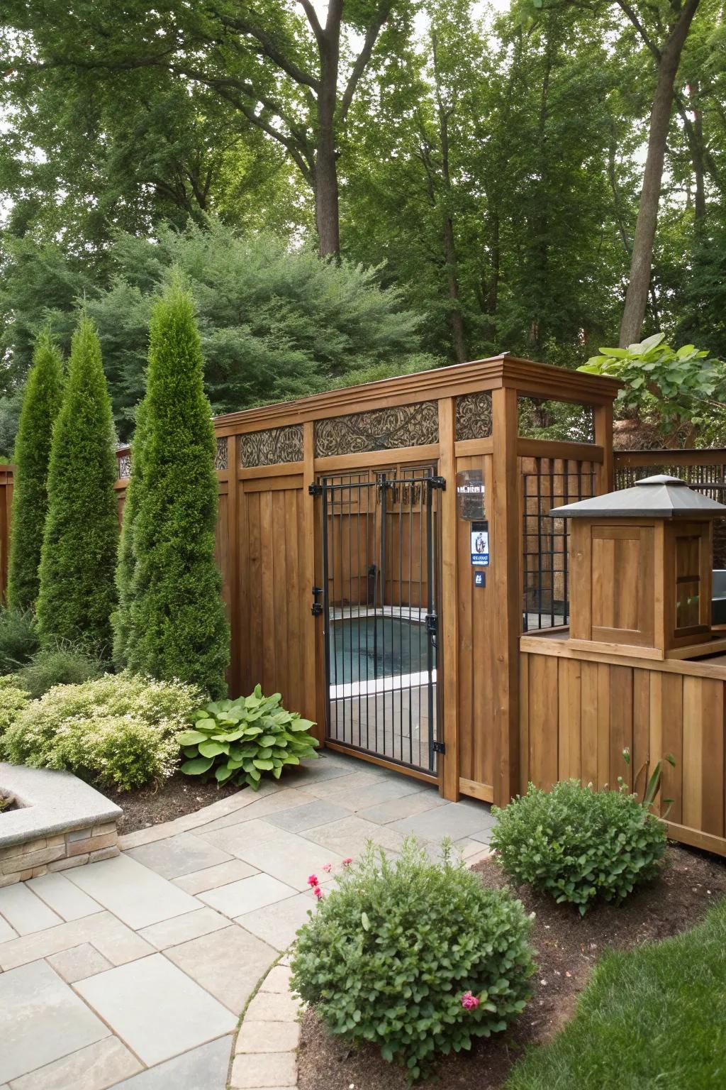 A wood enclosure provides both protection and aesthetic appeal to pool equipment.