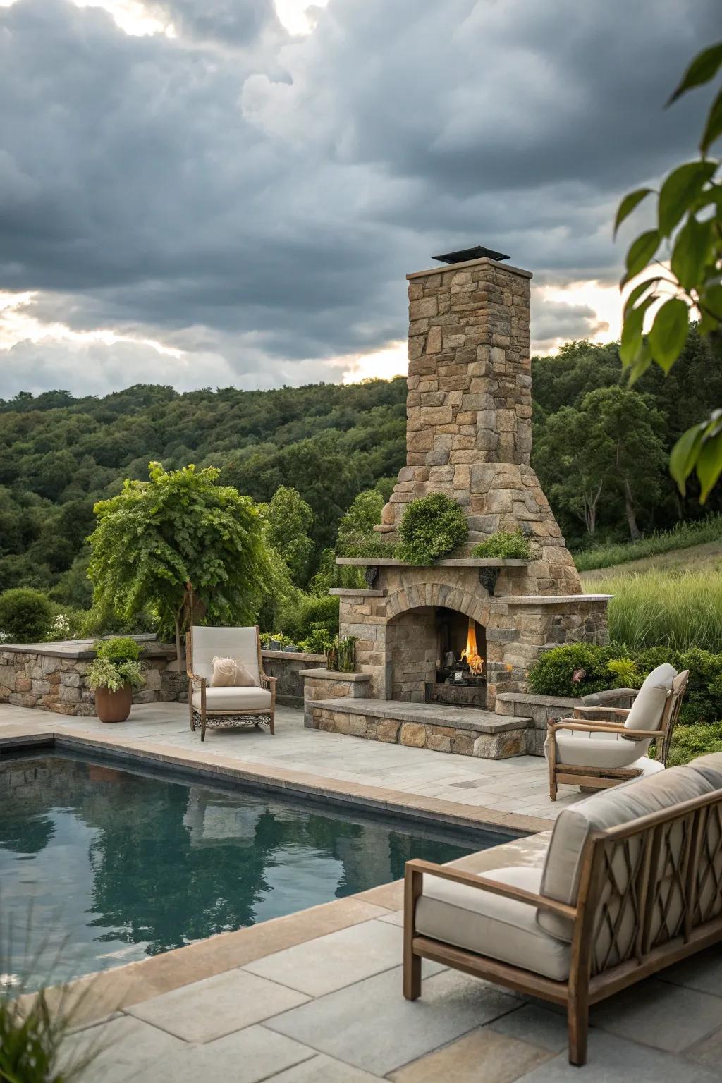 Classic stone fireplaces bring timeless elegance to any poolside.