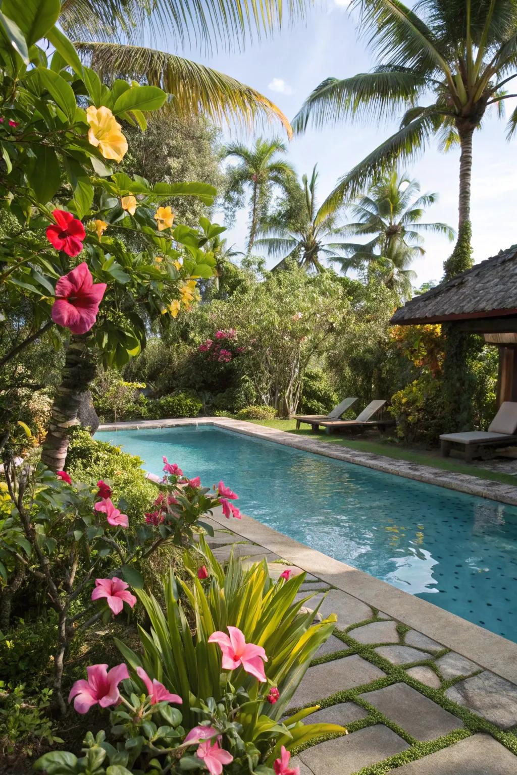 Tropical plants create a vibrant and exotic poolside atmosphere.