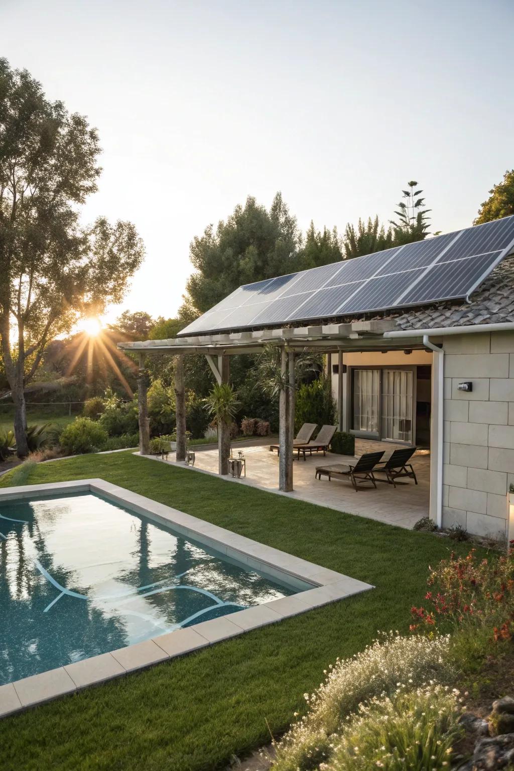 Solar panels efficiently capture and use solar energy for pool heating.