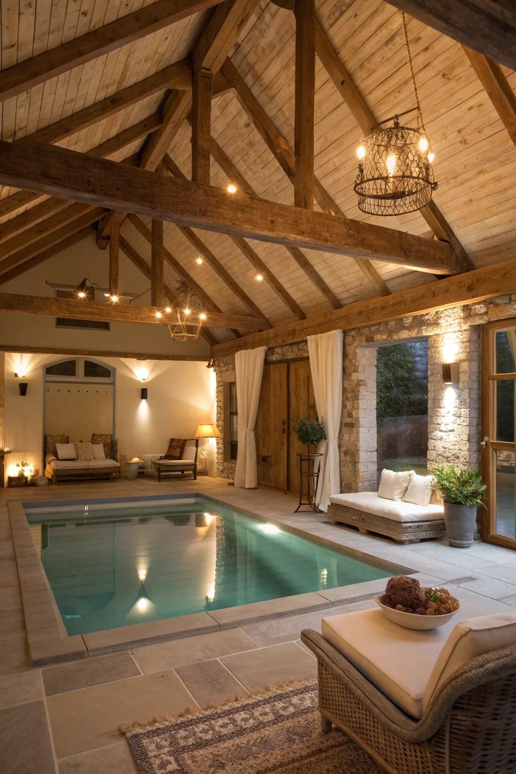 Exposed wooden beams bring warmth and rustic charm to any pool house.