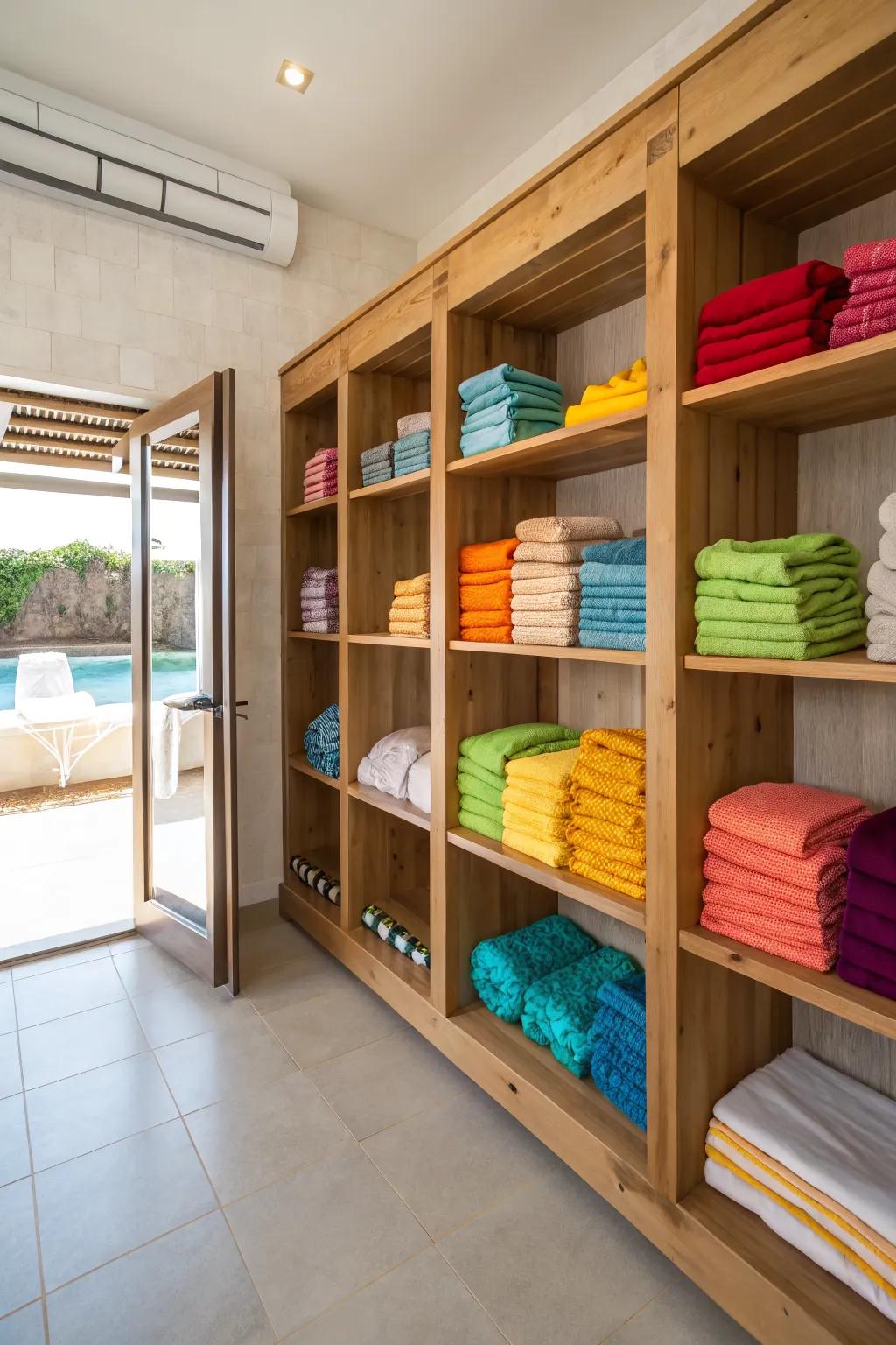 Open shelving keeps towels organized and adds an inviting vibe.