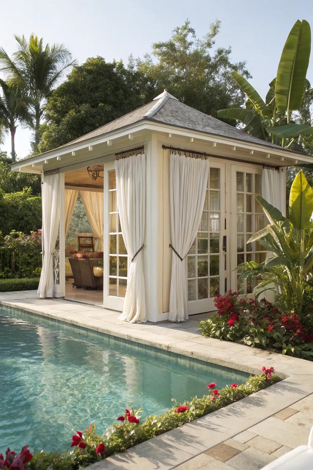 An open-air pool house shed for the ultimate relaxation experience.