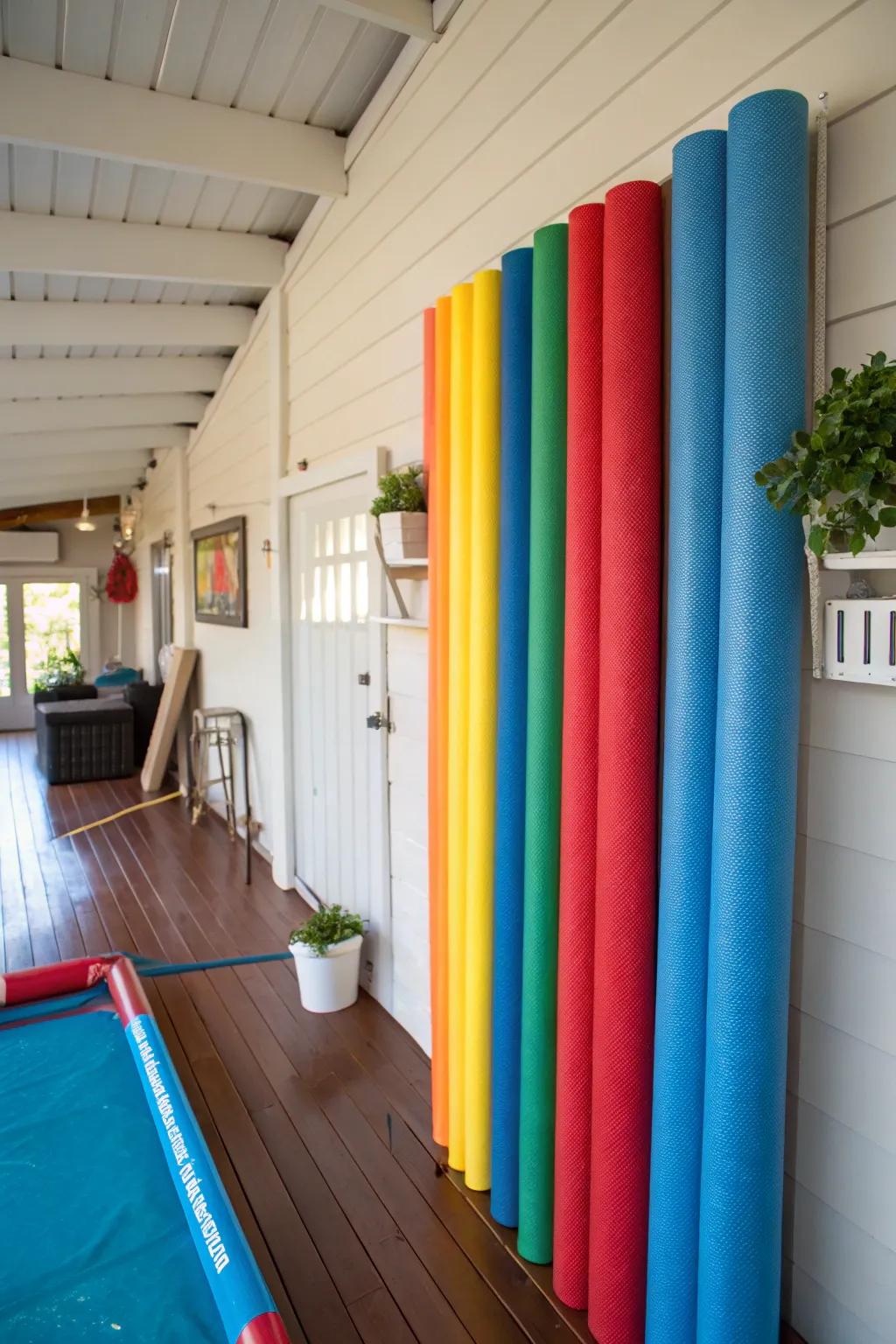 Vertical storage for pool noodles keeps them neat and pest-free.