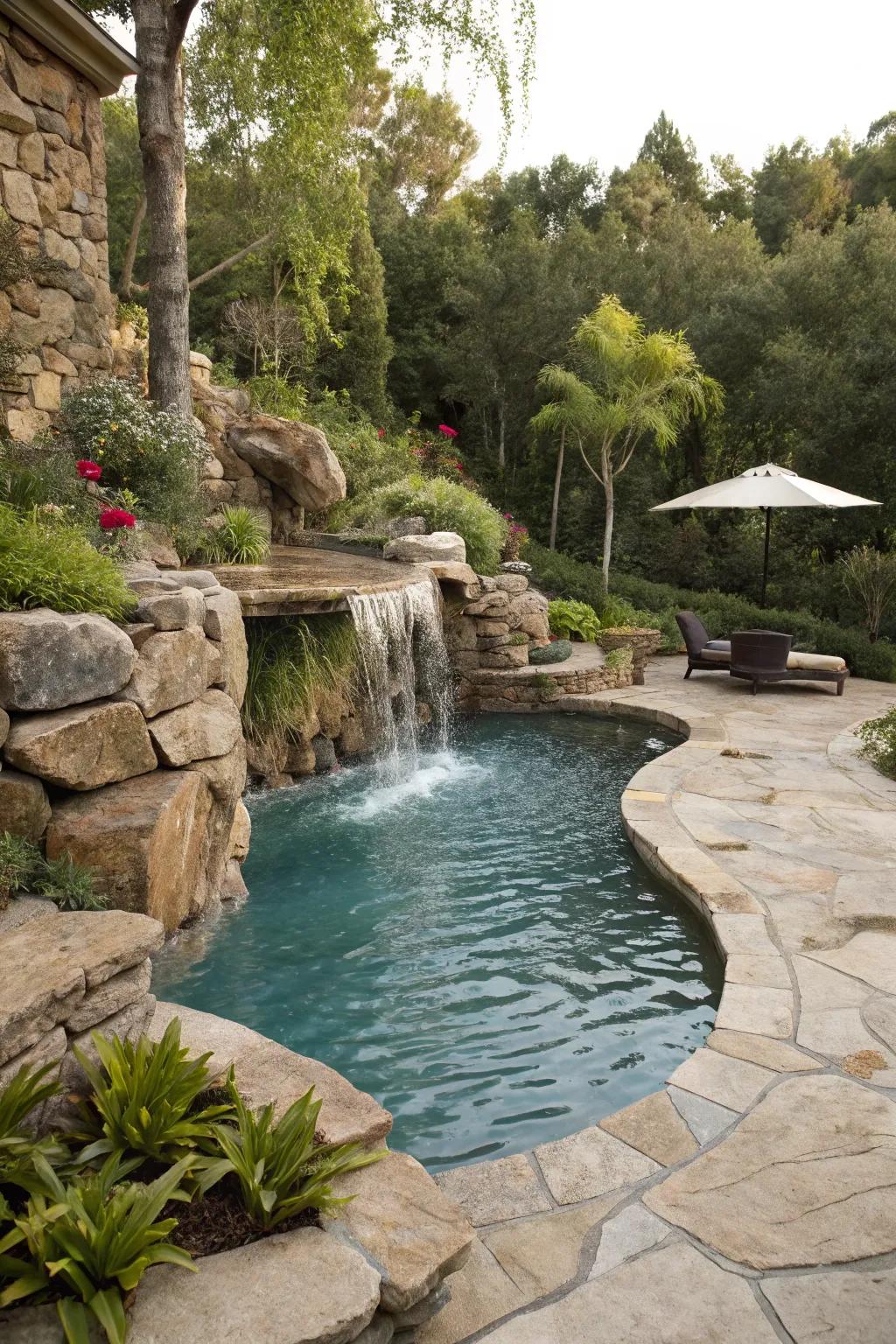A calming pool surrounded by natural stone with a gentle waterfall.
