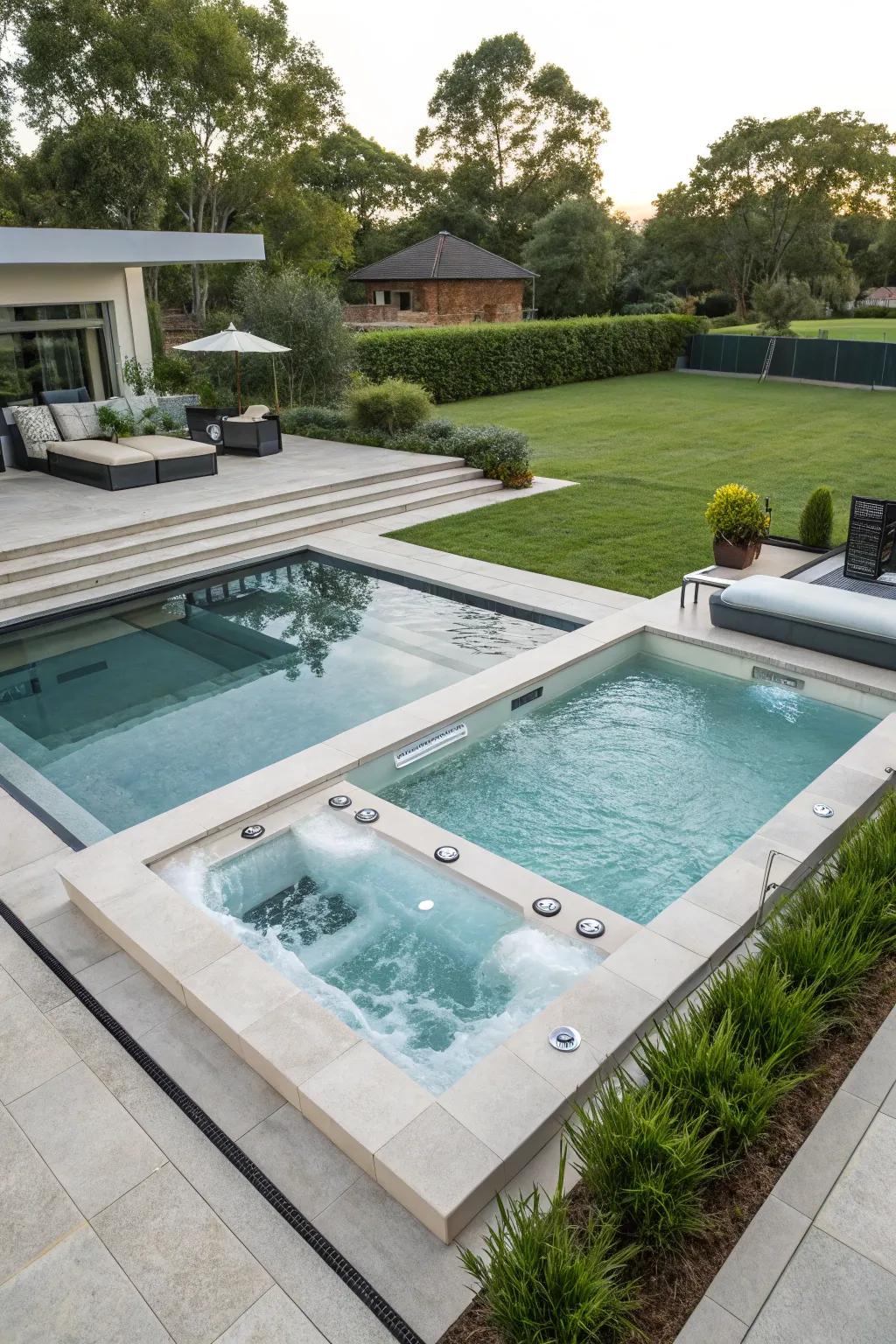 A seamless integration of pool and jacuzzi, showcasing modern design.