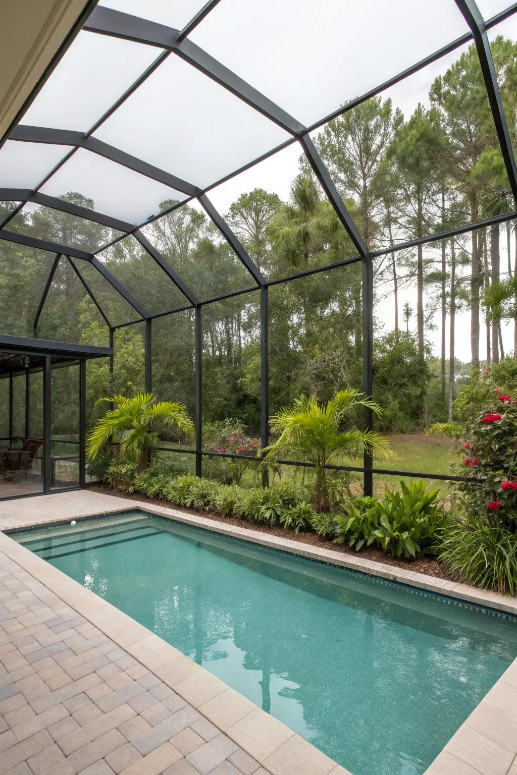 A pool lanai with a sleek screen enclosure, perfect for a bug-free experience.