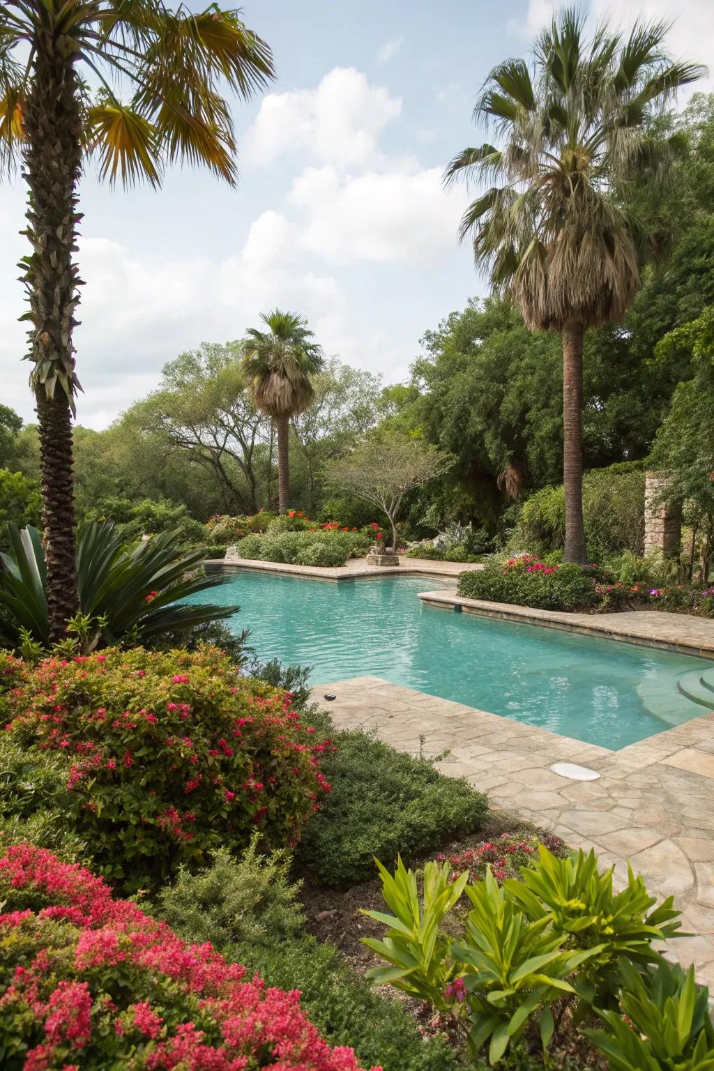 Create a tropical retreat with lush greenery around your pool.