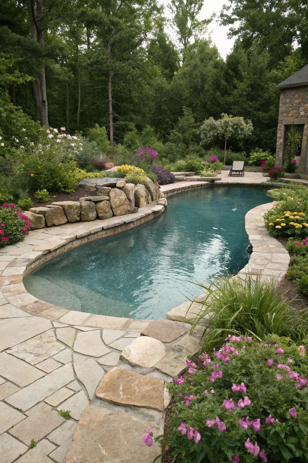 Natural stone borders create a seamless transition from pool to garden.