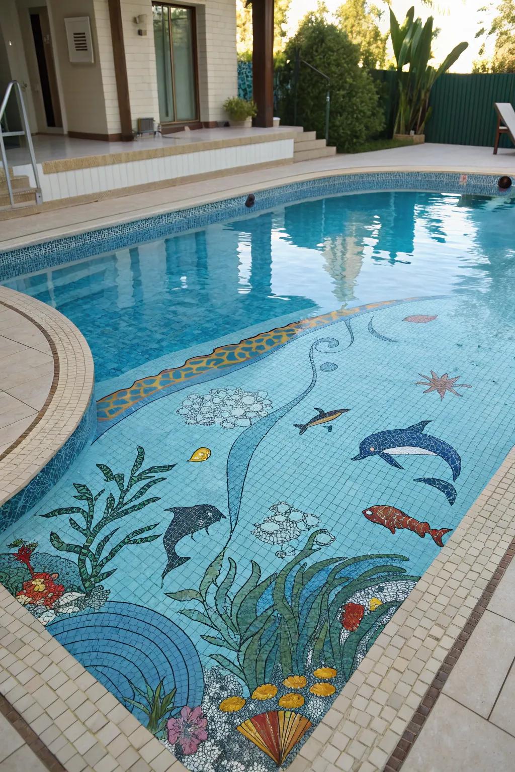 A pool transformed into a lively underwater scene with dolphin and fish mosaics.
