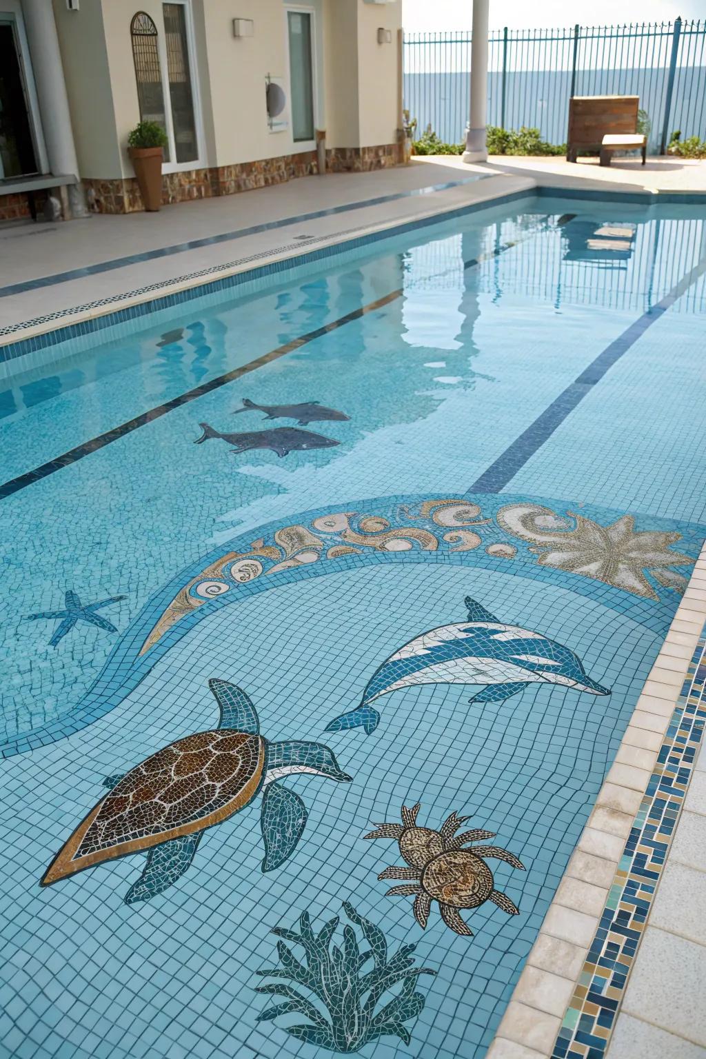 Nature-themed mosaics bring ocean life to your pool.