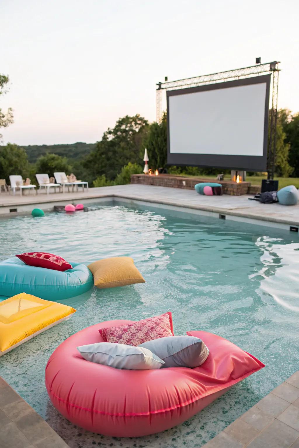 Enjoy movies while floating in comfort on inflatable loungers.