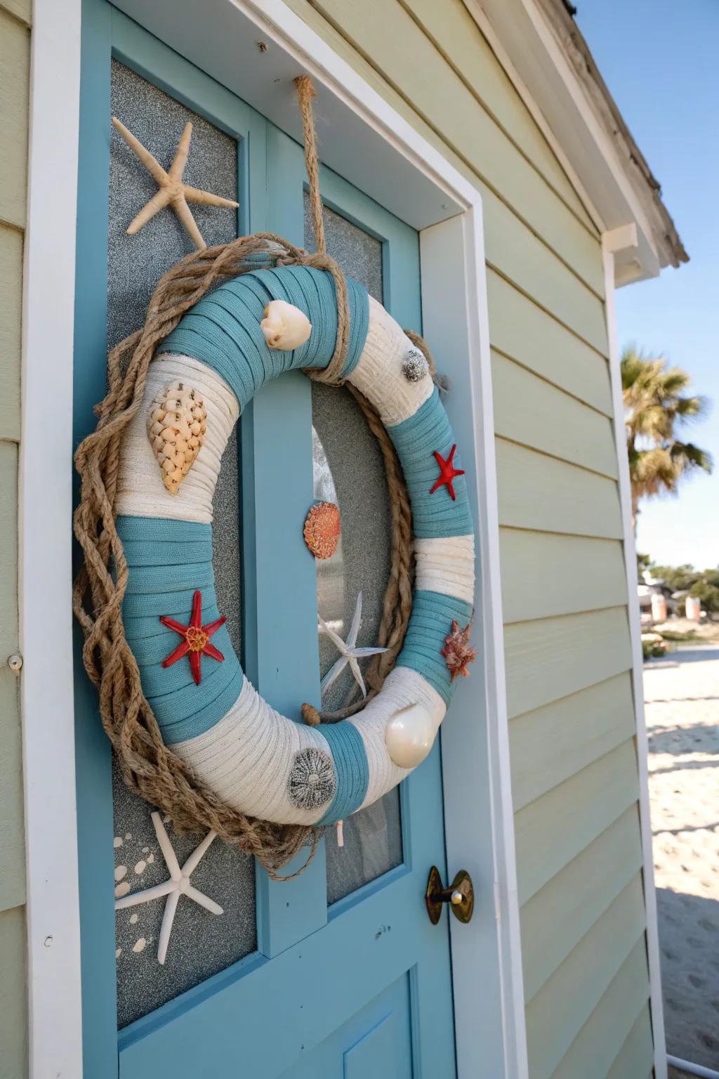 A beach-themed pool noodle wreath perfect for summer vibes.