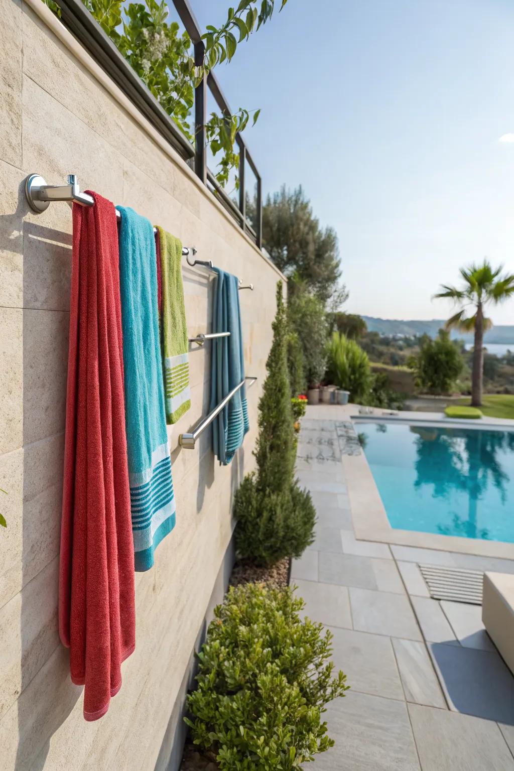 Wall-mounted racks offer a tidy solution for poolside towels.