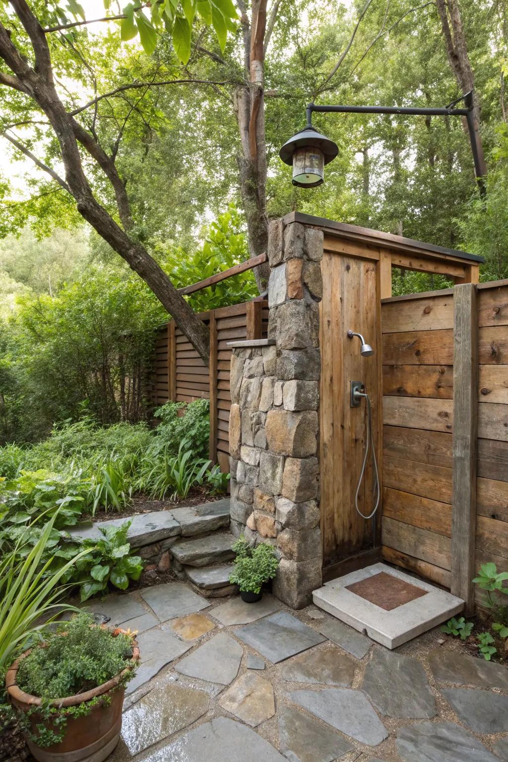 A rustic retreat for a refreshing outdoor shower experience.