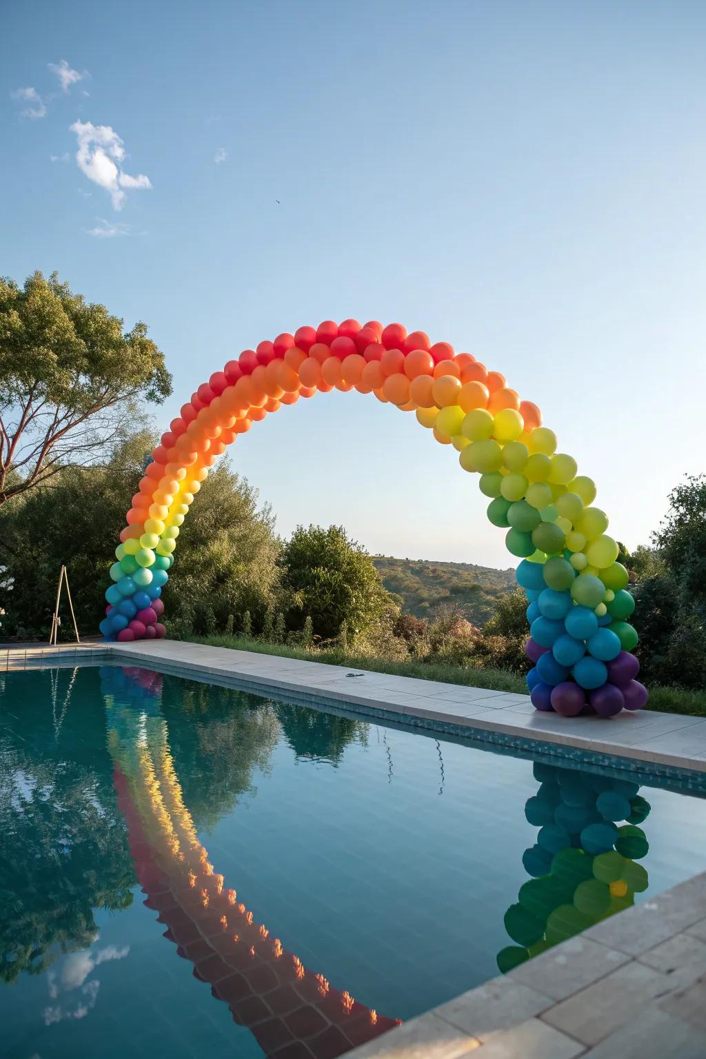 Brighten your pool party with a rainbow balloon arch.