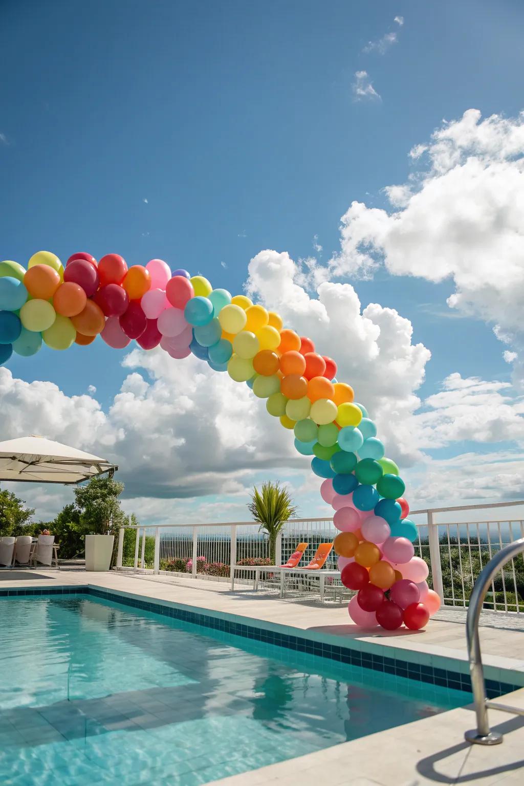 A vibrant balloon garland adds a festive touch to any poolside gathering.