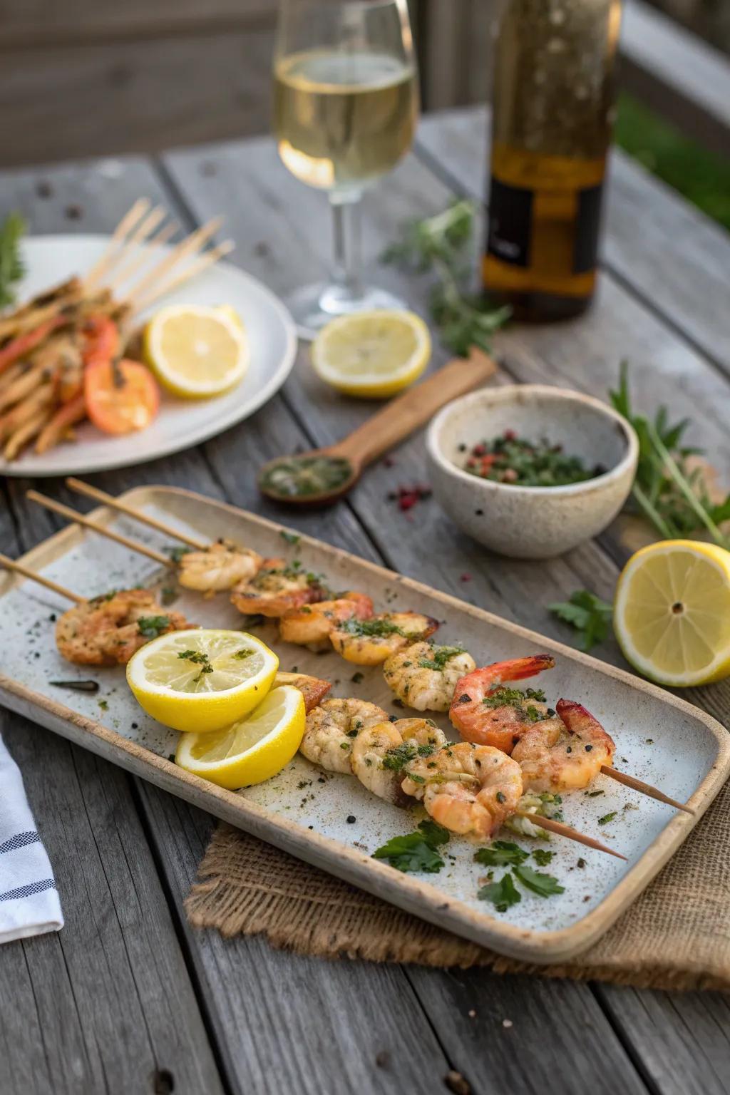 Juicy grilled shrimp skewers, perfect for poolside snacking.