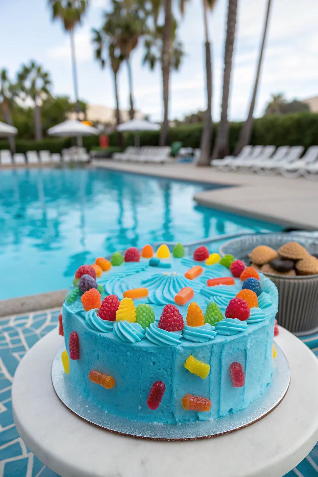 Classic pool cake with blue frosting and gummy floaties.