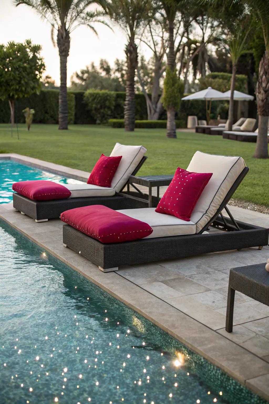 Create a relaxing atmosphere with plush lounge chairs around your pool.