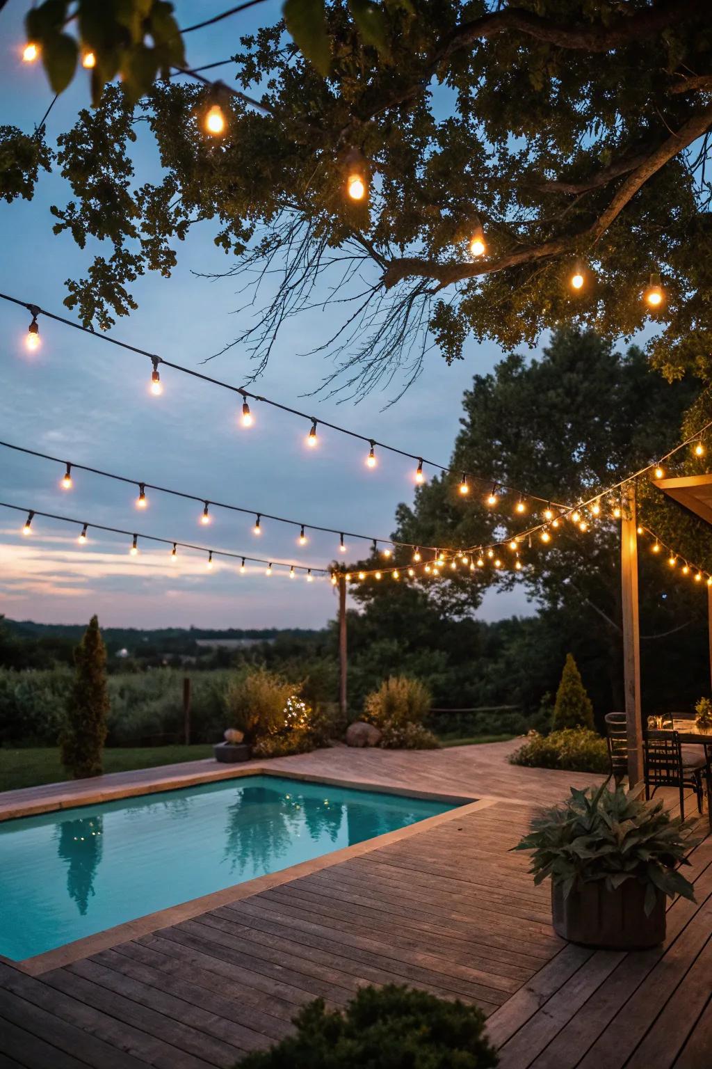 String lights add a touch of whimsy and warmth to any pool patio.