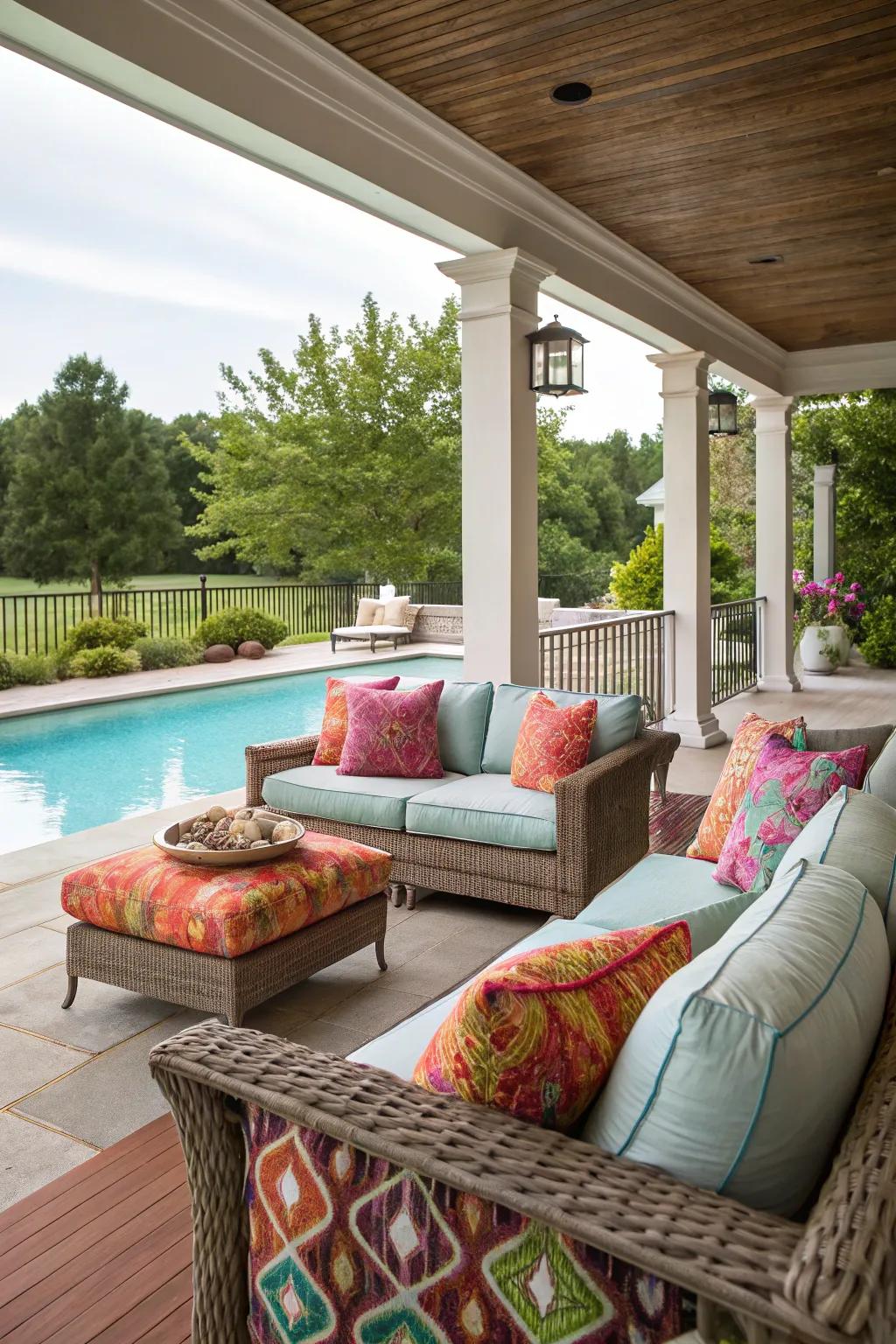 Inviting outdoor seating with plush sofas and vibrant cushions.