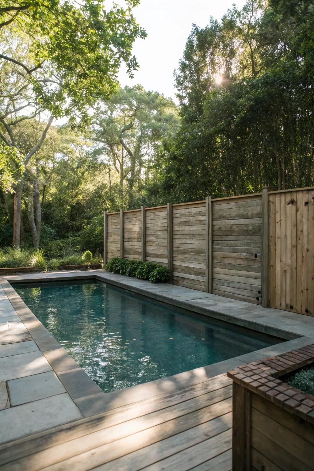 Wooden panels offer a stylish and natural privacy solution for any pool.