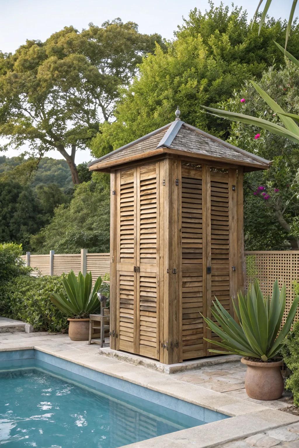 A wooden louvered pool pump enclosure surrounded by lush greenery.