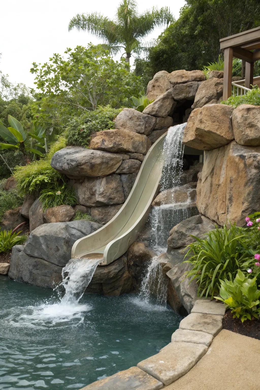 A pool slide that looks like it's part of a natural rock landscape.