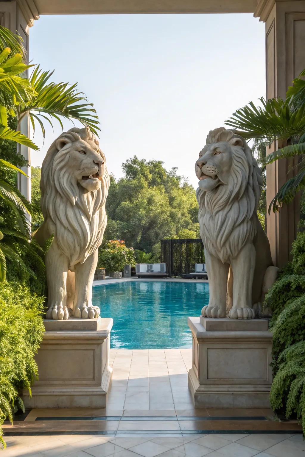 Grand lion statues stand guard at the entrance of a serene pool area.