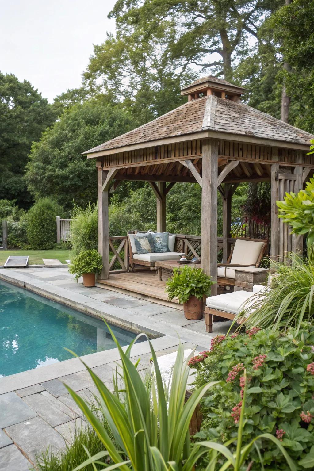 A gazebo by the pool offers shade and style.